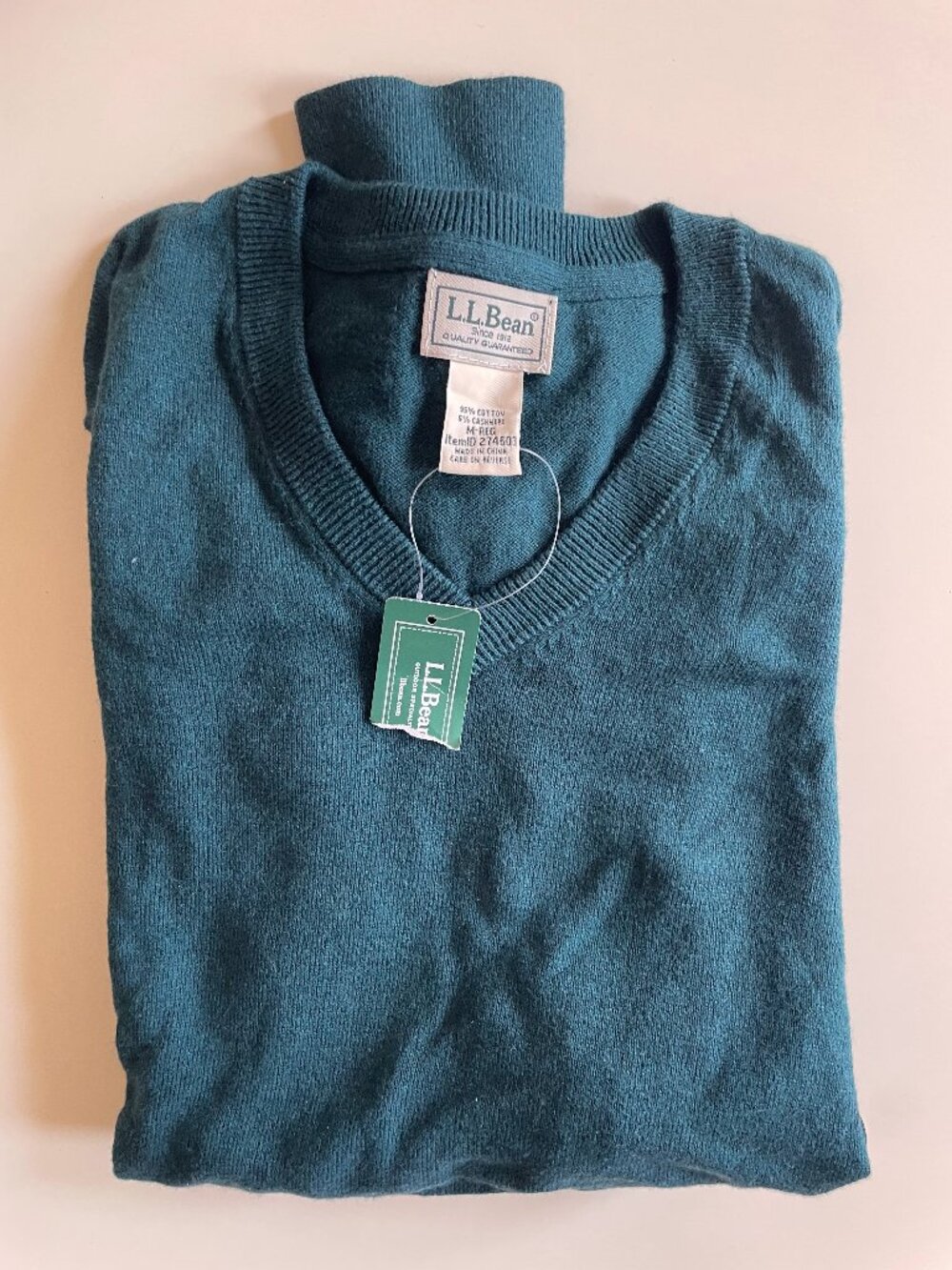 NWT Vintage LL Bean Cotton Cashmere V-Neck Sweater, Men's M, Teal